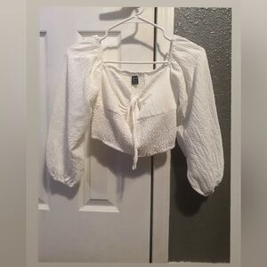 SHEIN White Cute Long Sleeve Knotted Ruffled Cropped Top